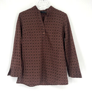 Saint Tropez West Top Womens M Brown Eyelet Floral Henley Beachy‎ Boho Hippie